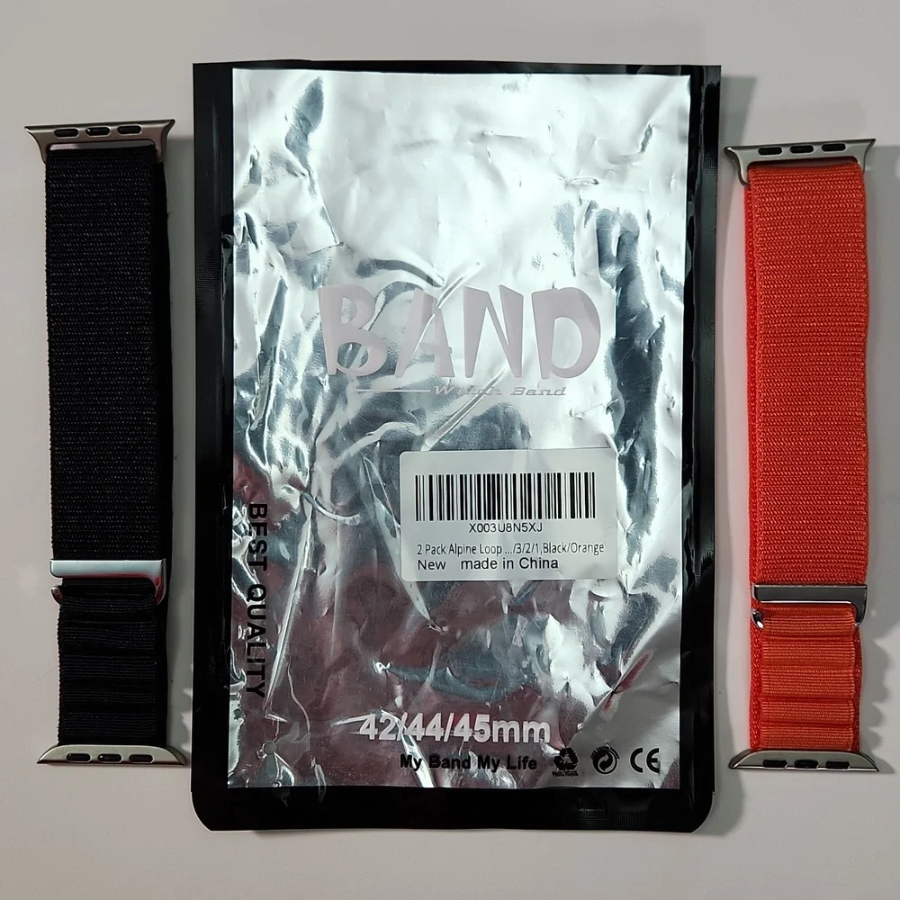 44mm lug Apple Compatible cloth hook watch bands: 1 BLACK, 1 ORANGE